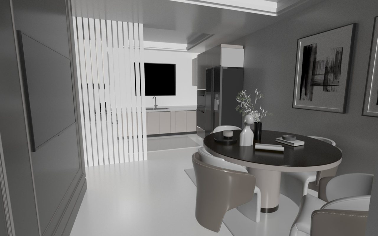Monochrome render of the kitchen and dining