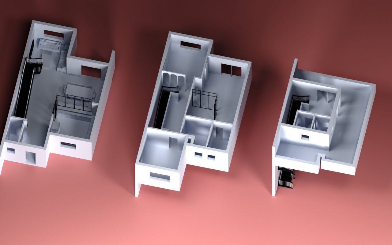 Aerial render of the three levels on coral ground