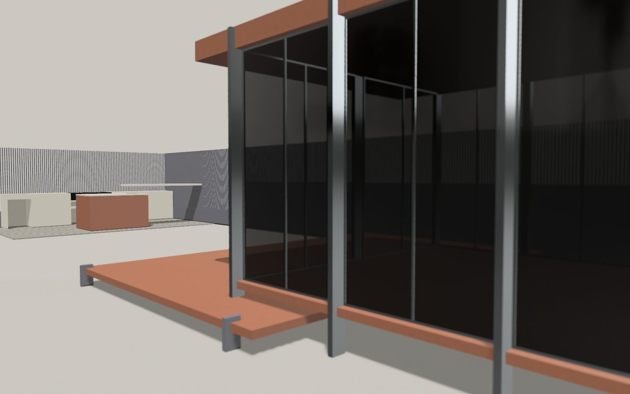 Render of the glass house on its terracotta deck