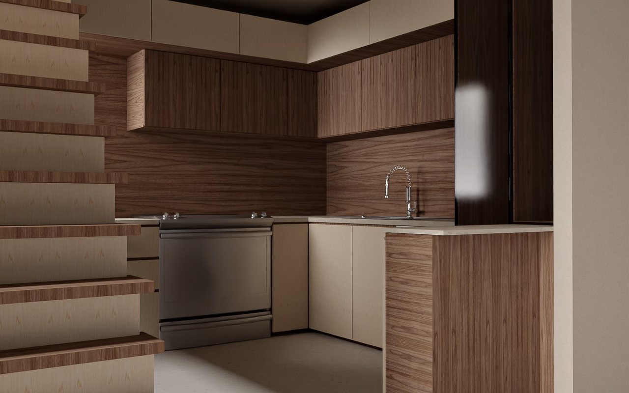 Render of the kitchen seen past the floating stair