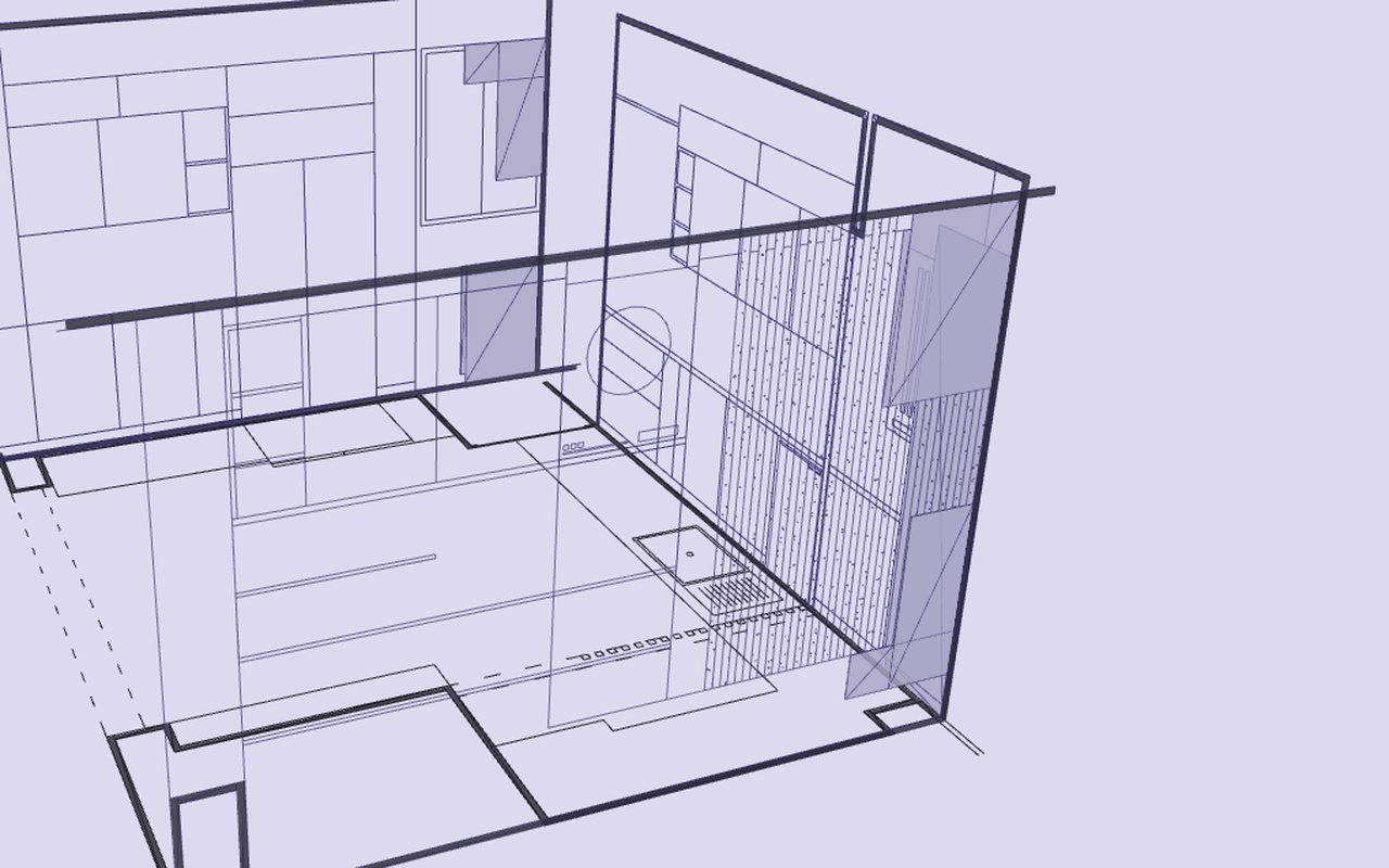 Kitchen elevations folded up into a room, in lines