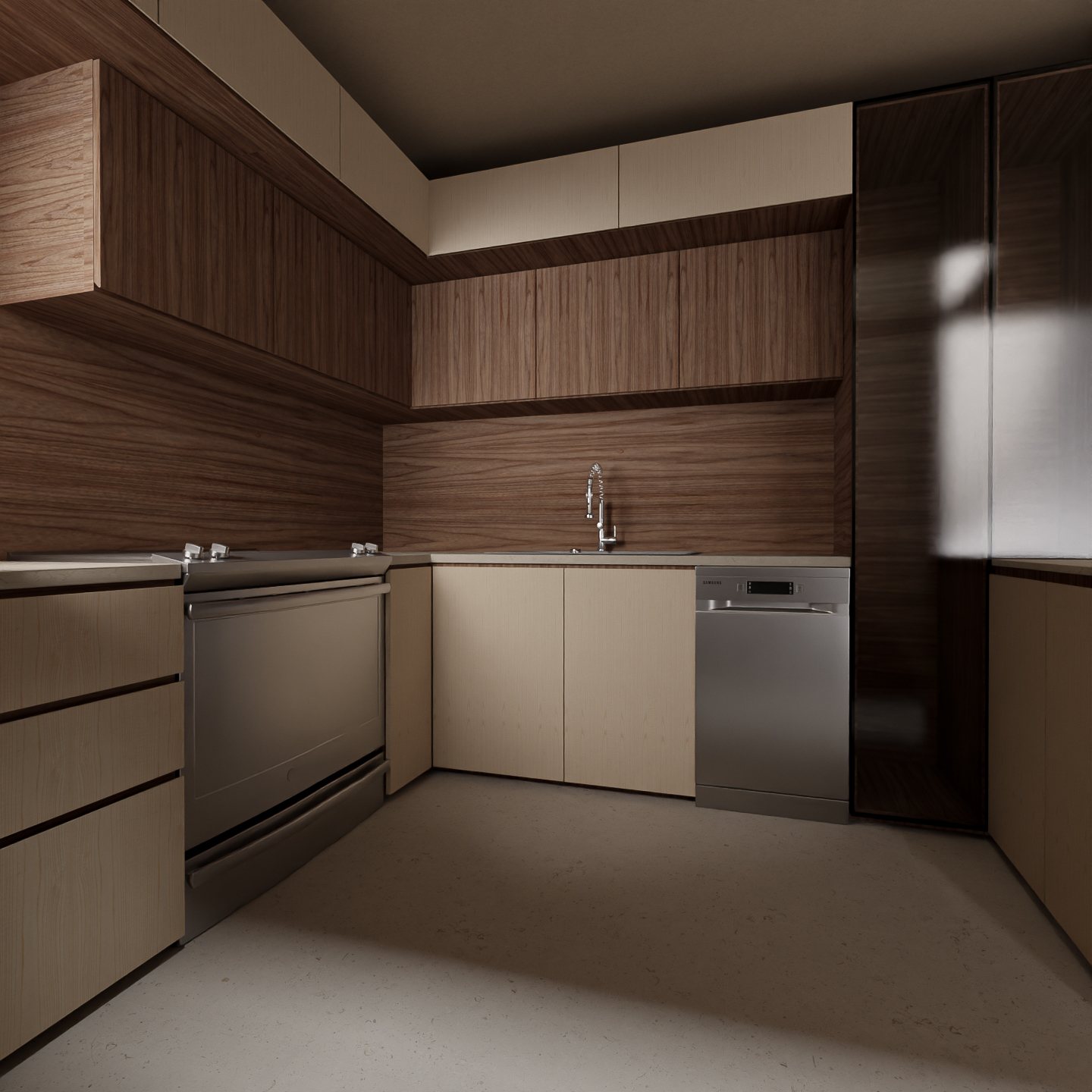 Render of the U-shaped kitchen with wood panels and marble worktop