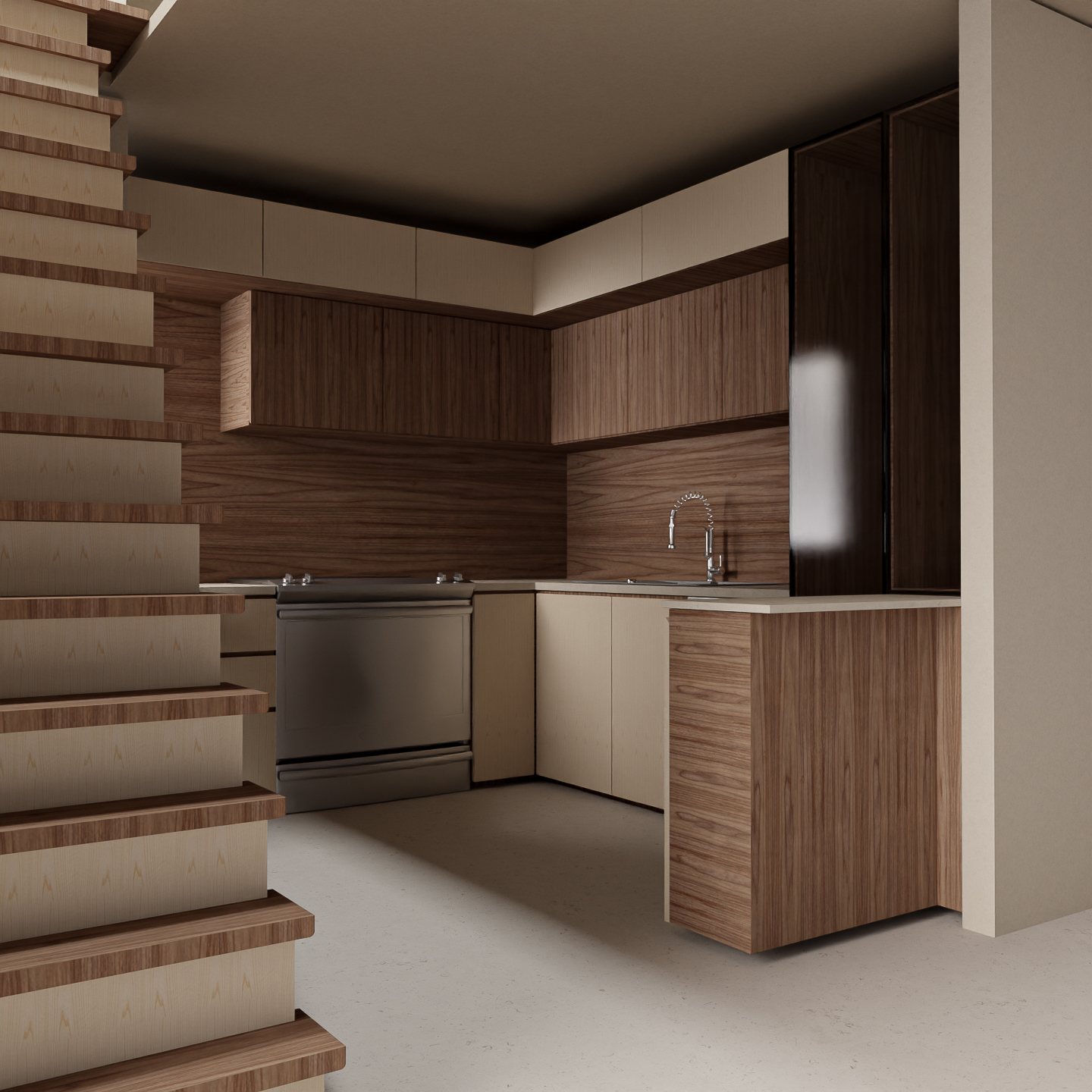 Render of the kitchen seen past the stair