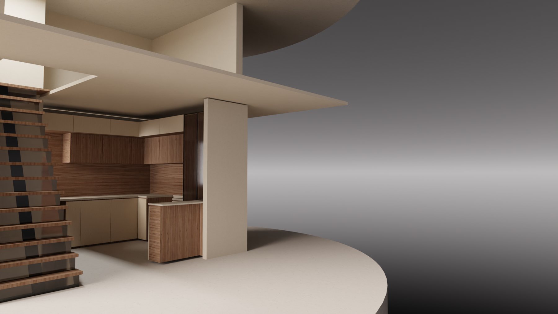 Render of the kitchen volume with stair and roof plane