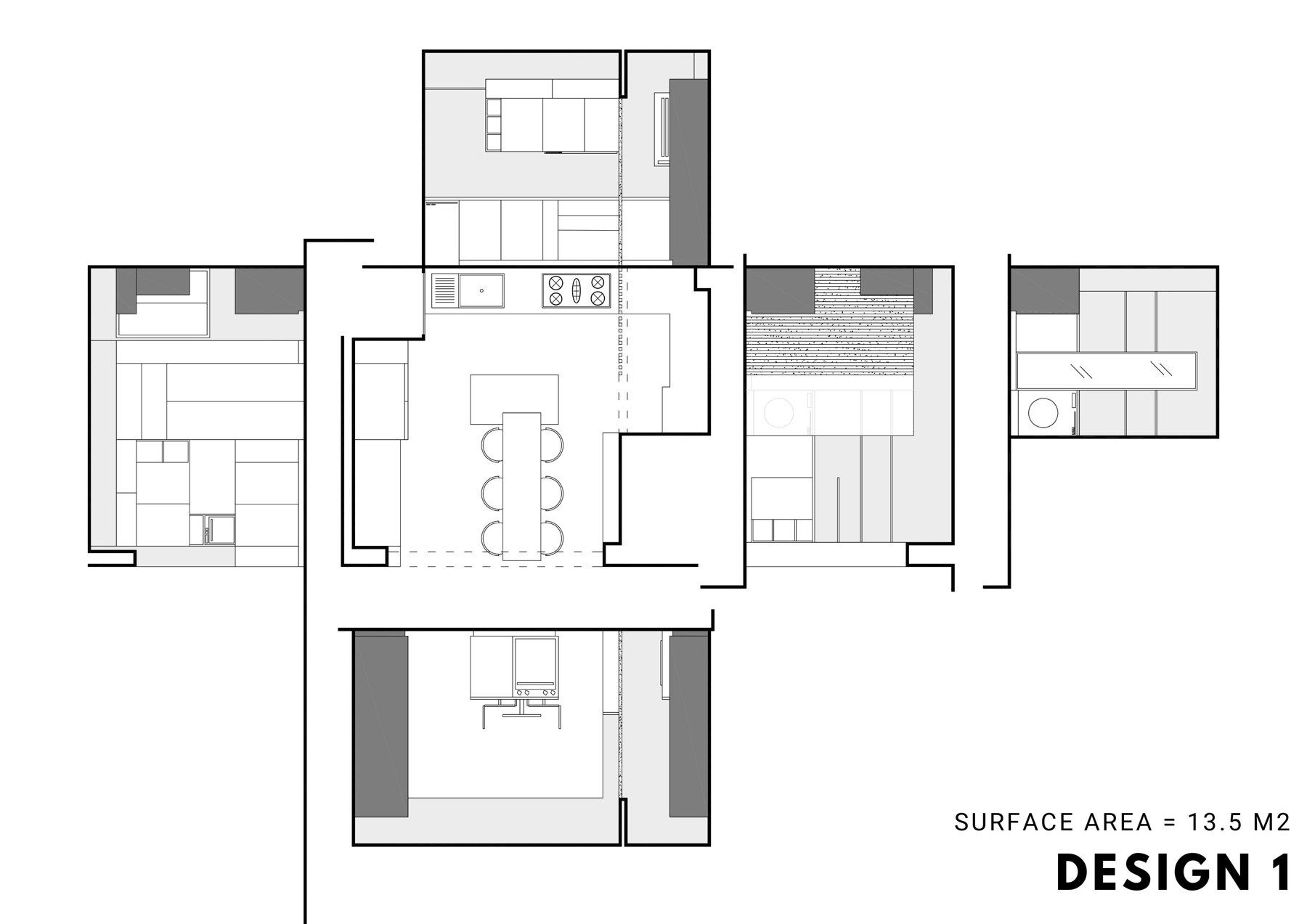 Design 1 plan and elevations, 13.5 square metres