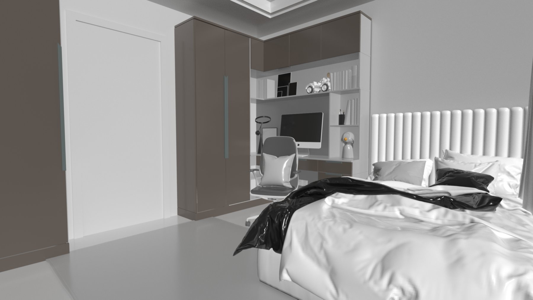 Bedroom: Bed wall and study corner
