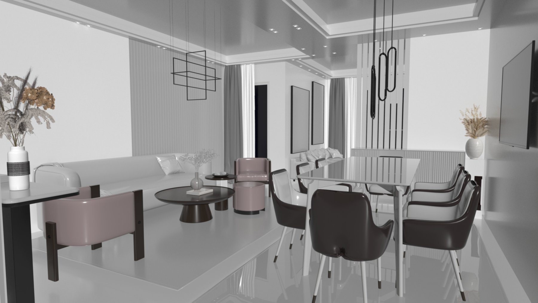 Kitchen and dining: Dining set against the slatted screen