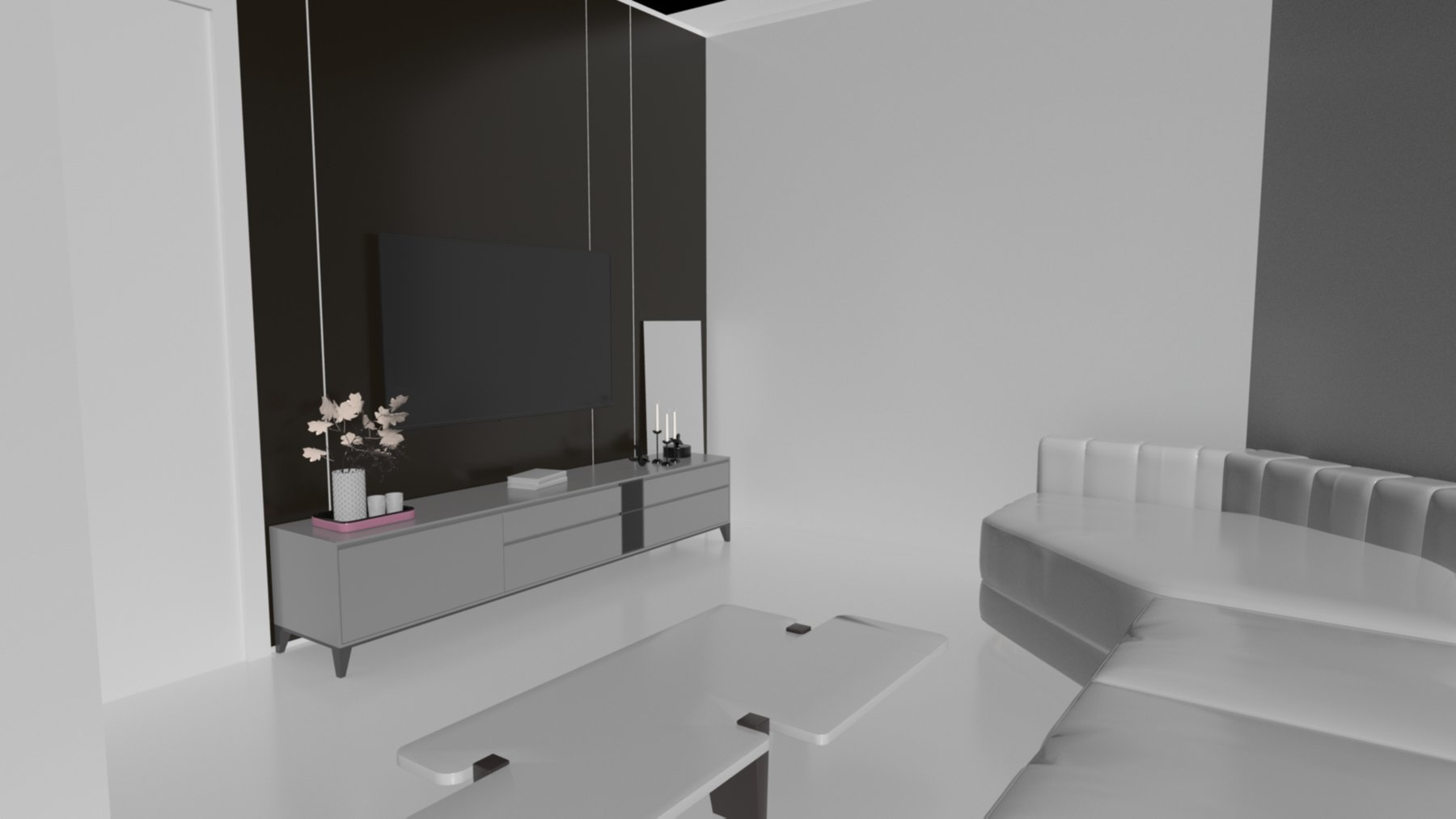 Living room: Media unit and black panel wall