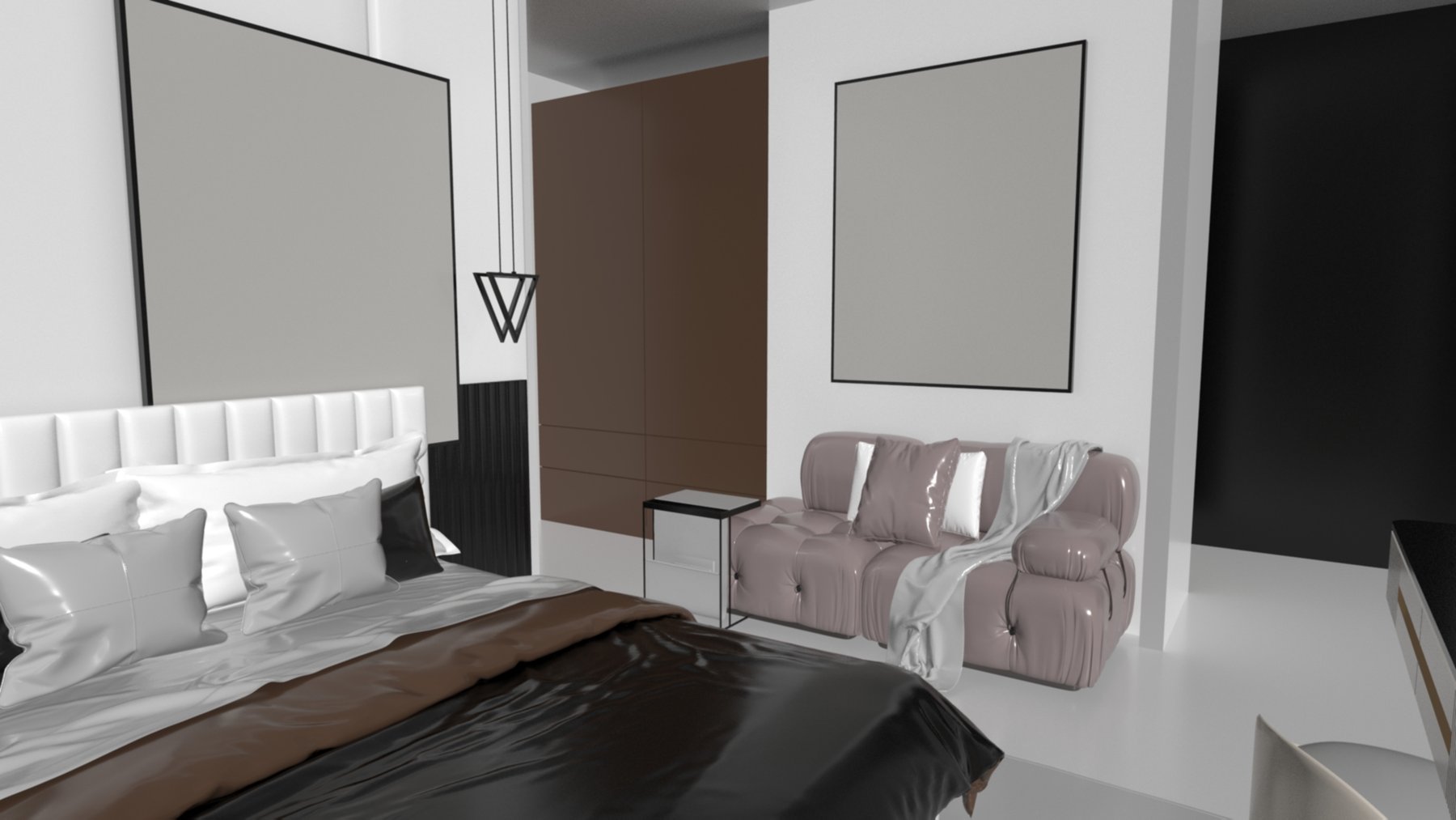 Master bedroom: Upholstered headboard and blush chairs