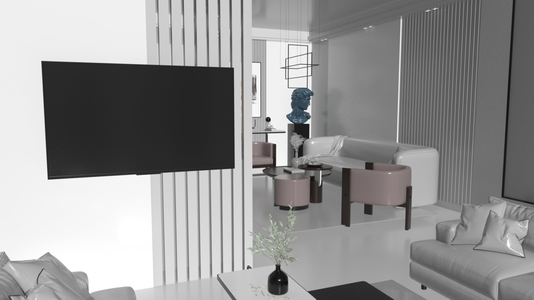 Reception: TV wall and lounge chairs