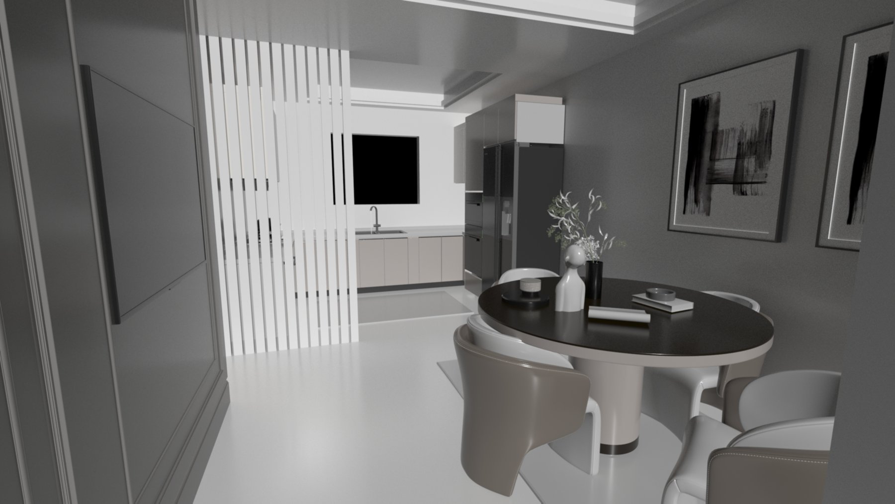 Kitchen and dining: Round table under the pendant line