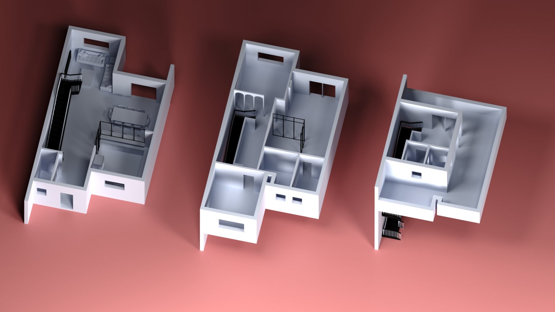 Three levels side by side: Ground, first and roof floors, from above