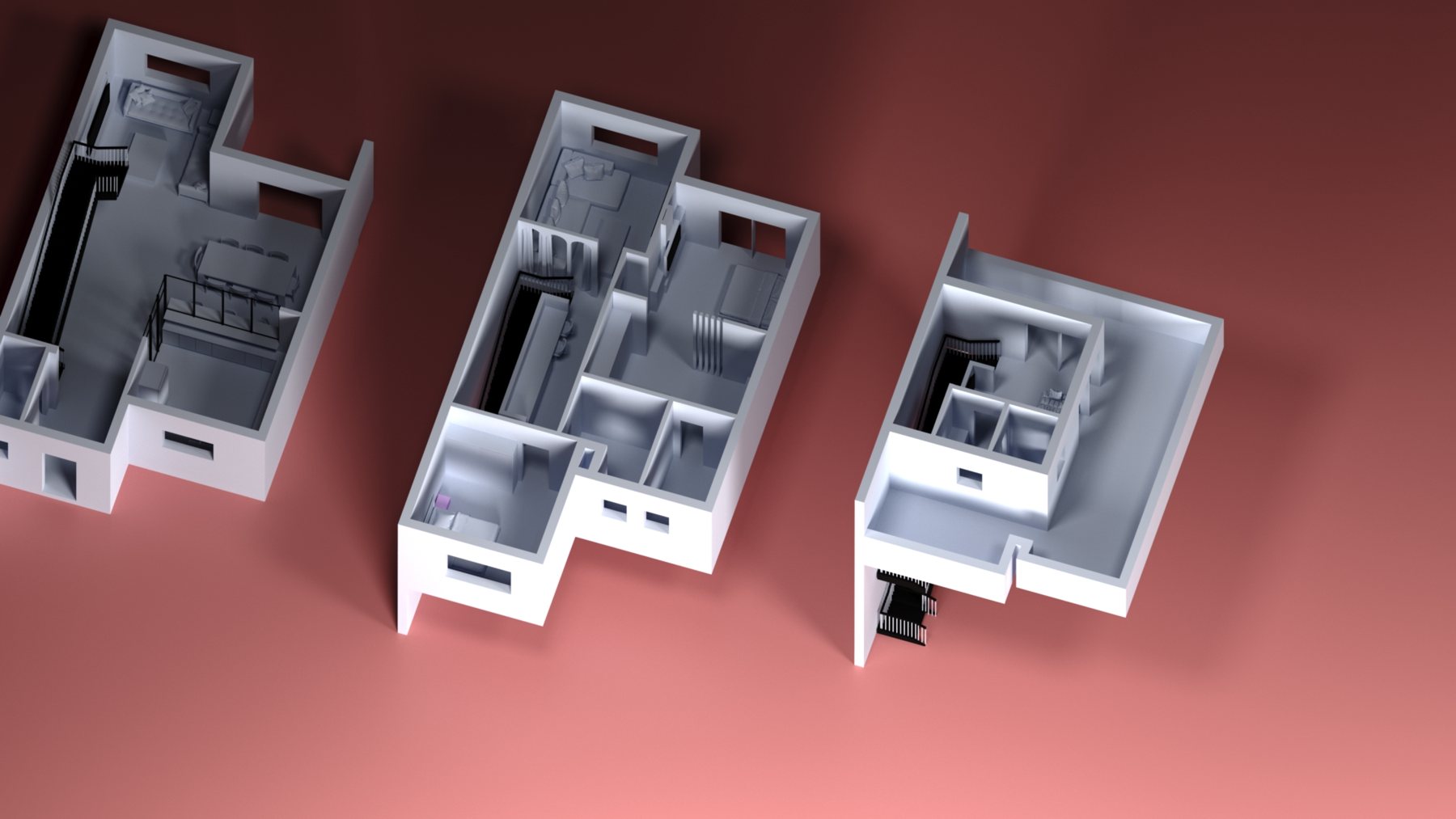 The floors, lower angle: Each level read as an open model