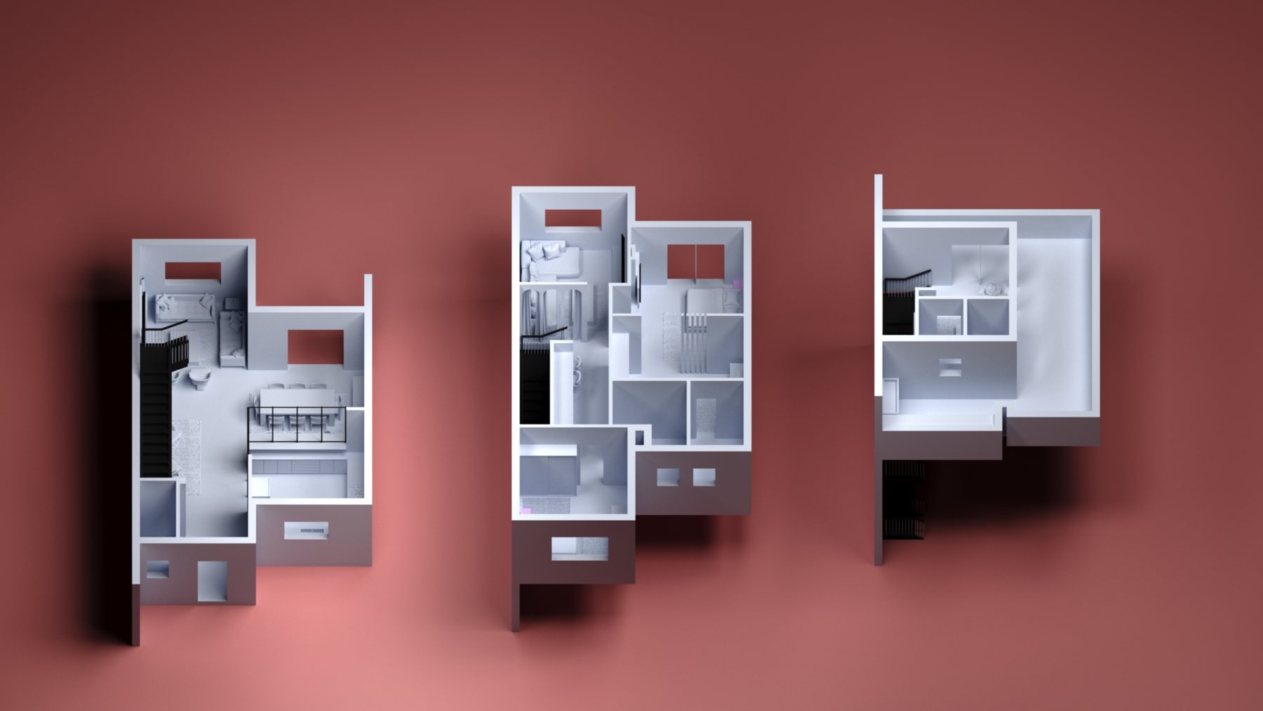The floors, furnished: Furniture across all three plans