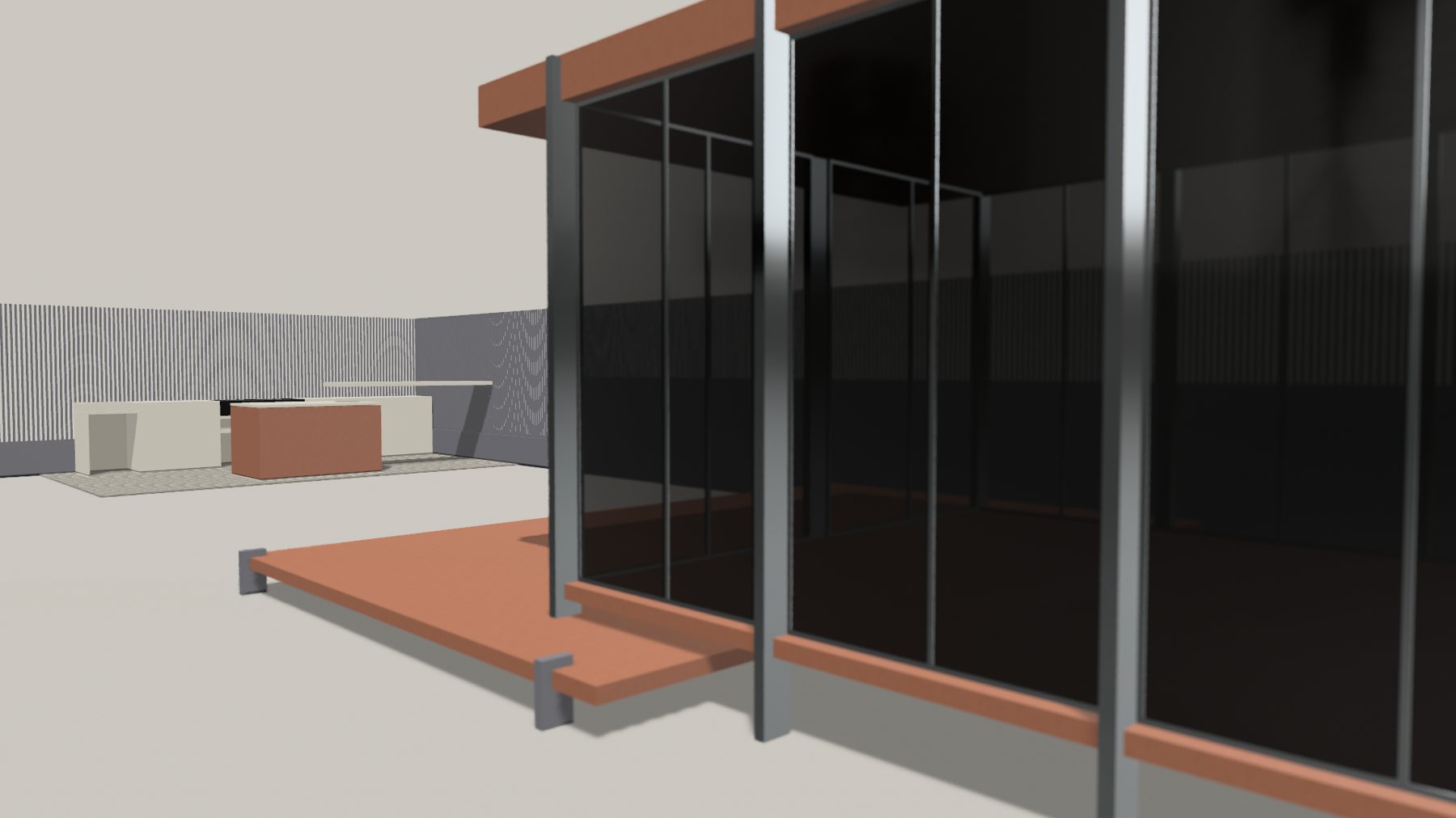 The glass house: Steel frame and dark glazing on a terracotta deck