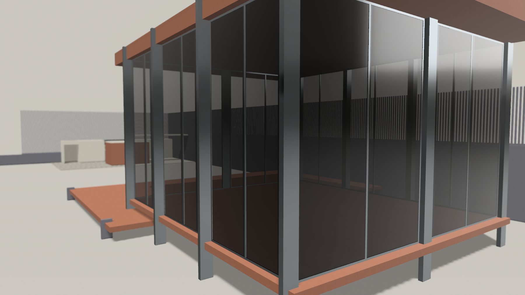 Corner view: Columns set outside the glazing