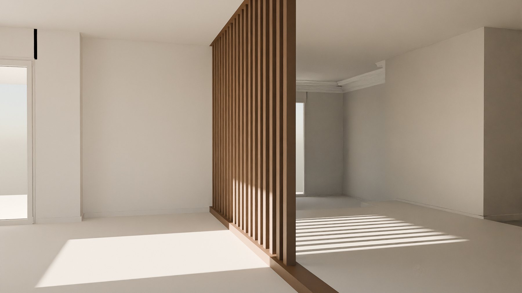 Apartment living room: Timber slat screen in low sun
