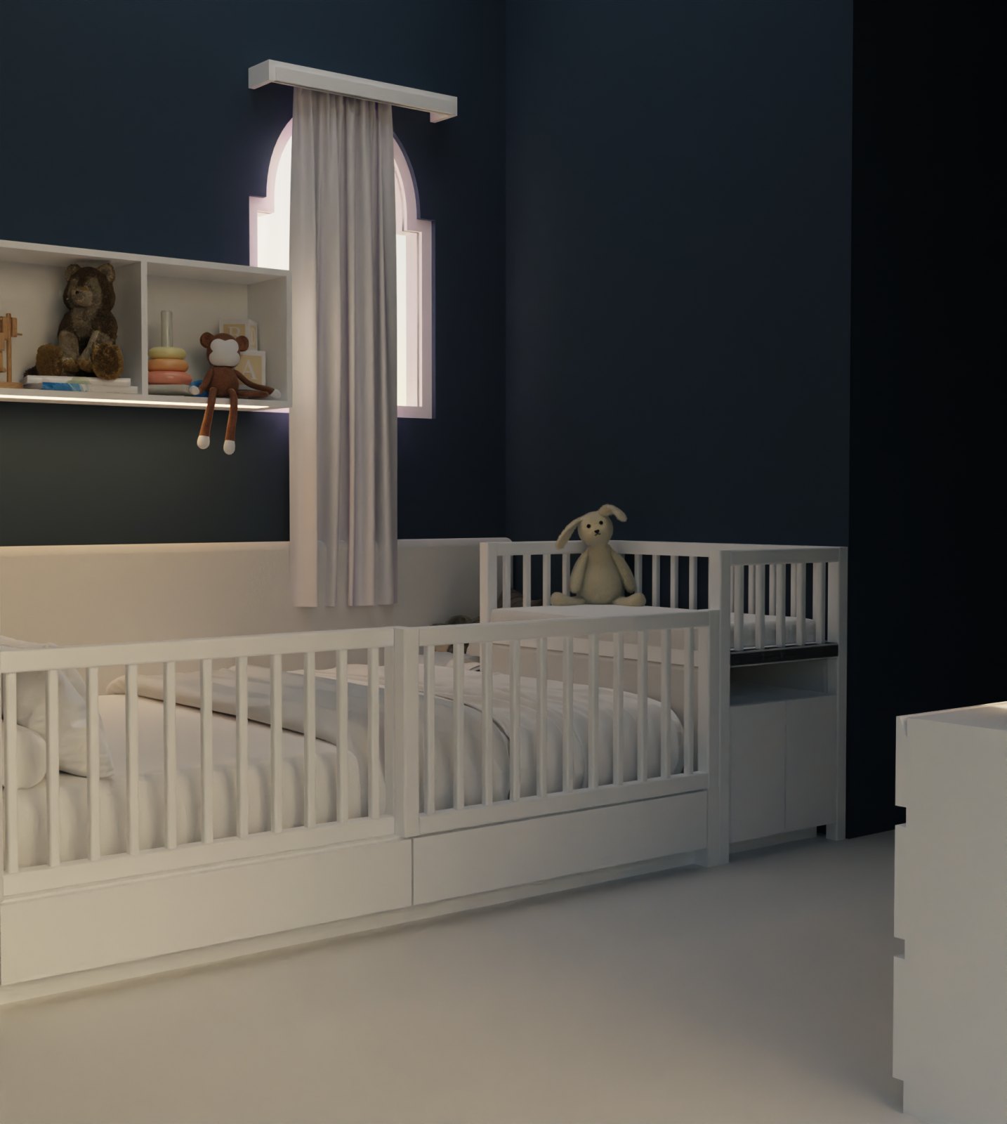 The room: Cot, canopy and the toy shelf in navy