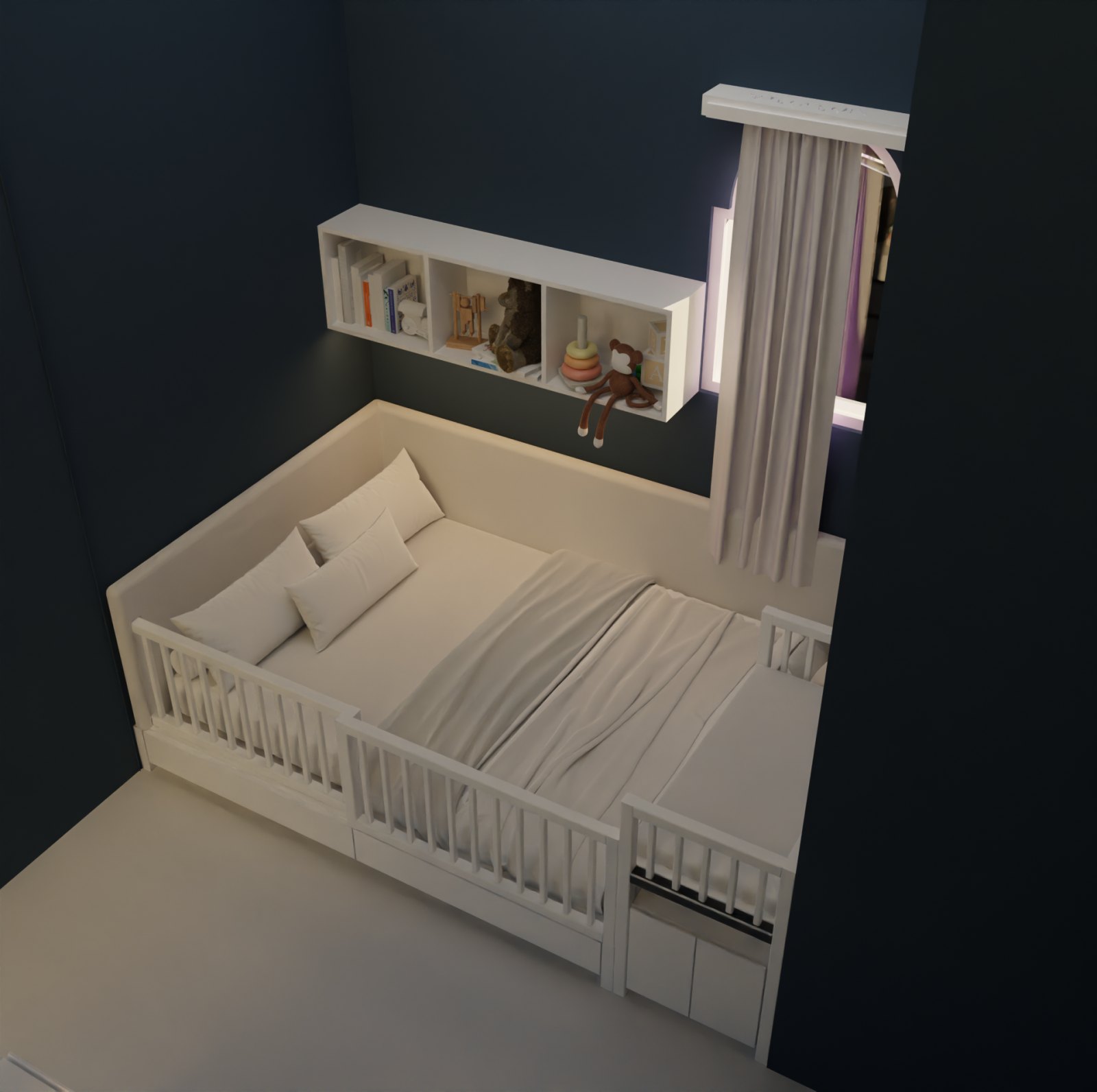 From above: The cot and changing unit along the wall