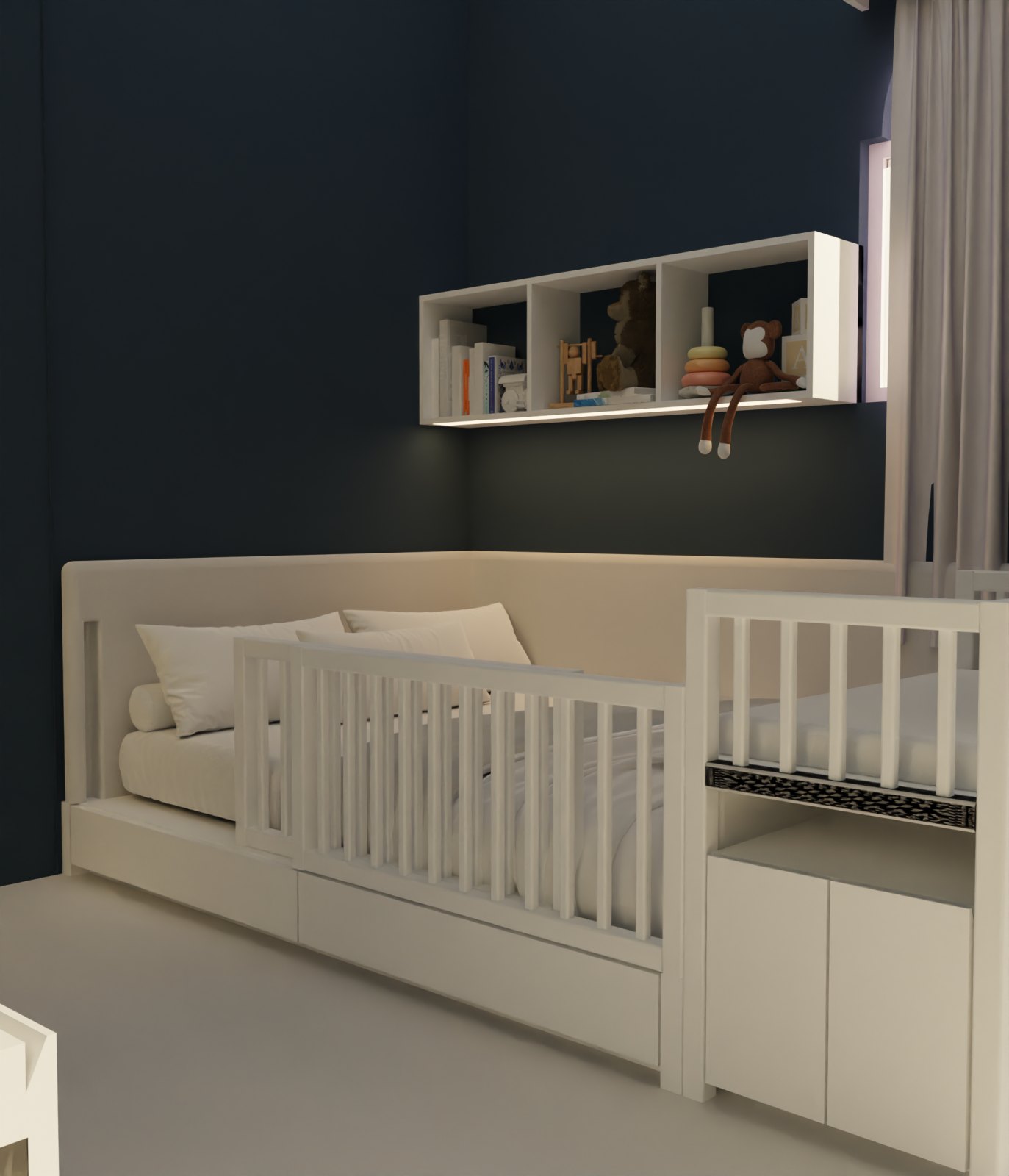 Front view: Bed rails, drawers and the curtain line
